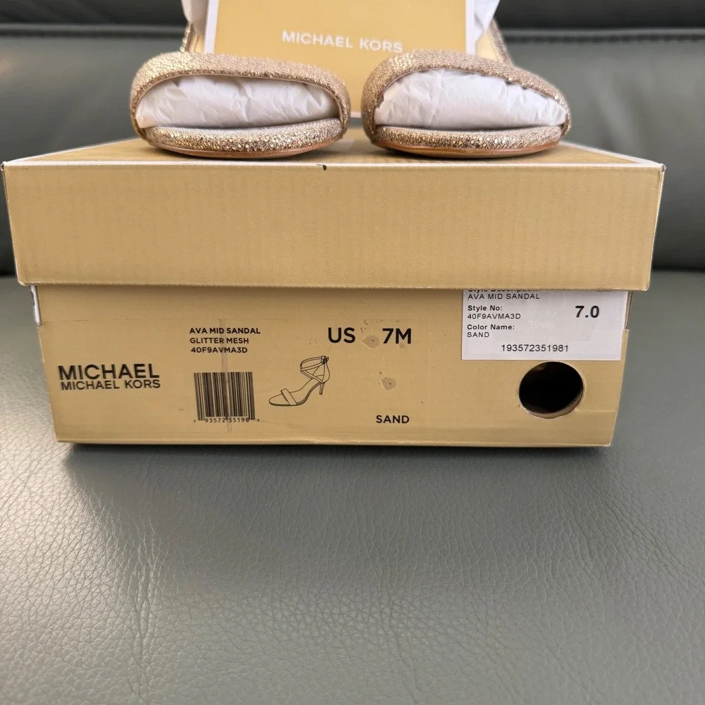 Michael Kors Ava Mid Sandal Glitter Mesh Rose Gold Sand 7M 40F9AVMA3D